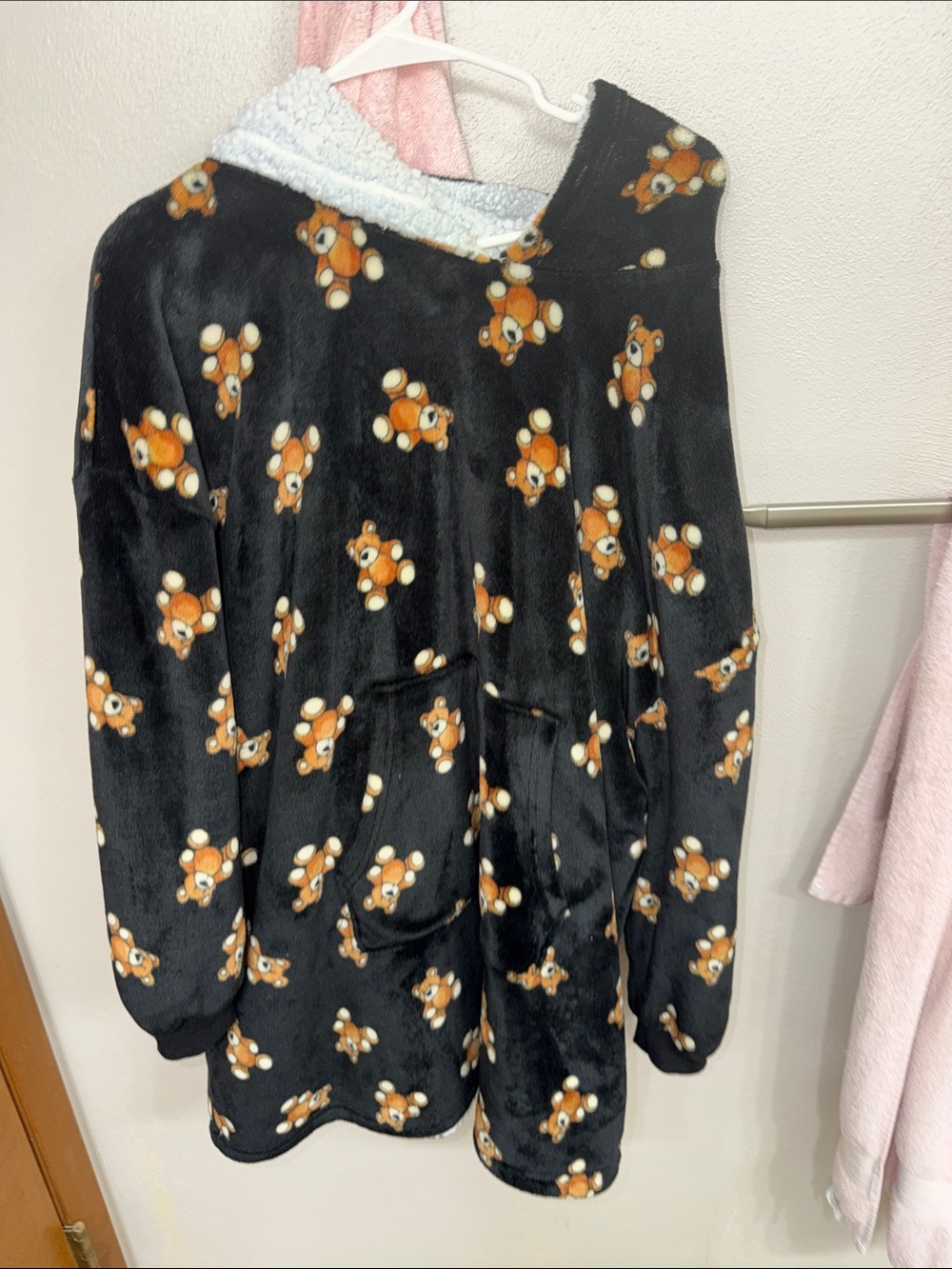 Womens Plush Hooded Teddy Print Dress - Black